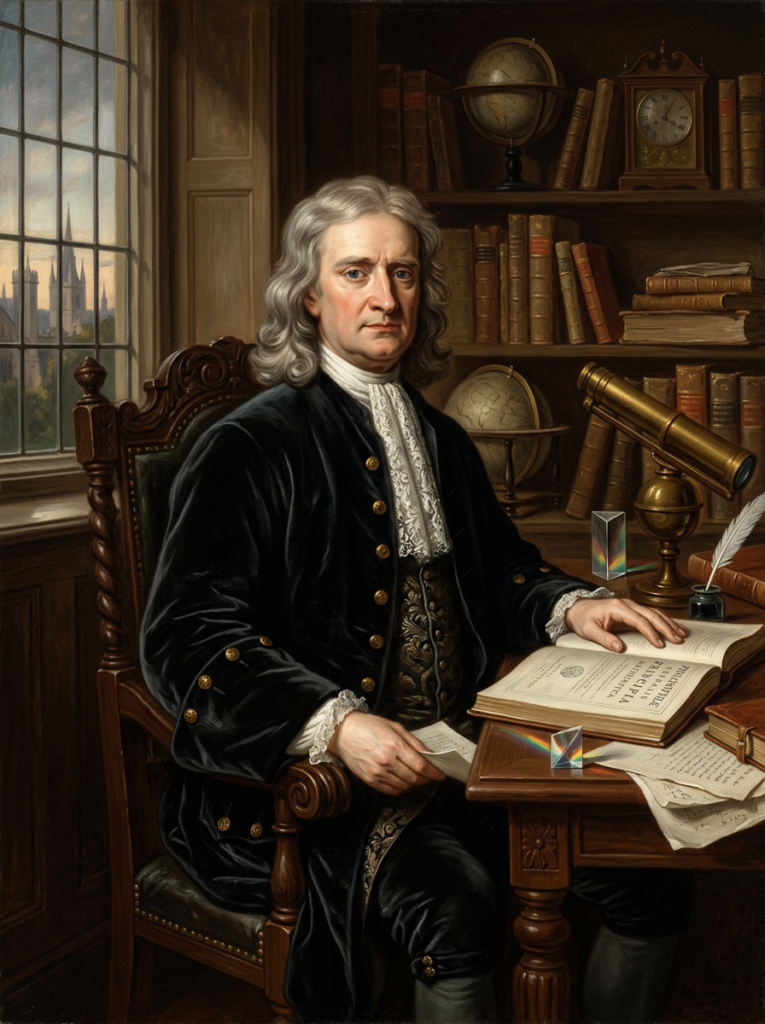 Isaac Newton in historical attire sitting at a desk with an open book, telescope, and prisms
