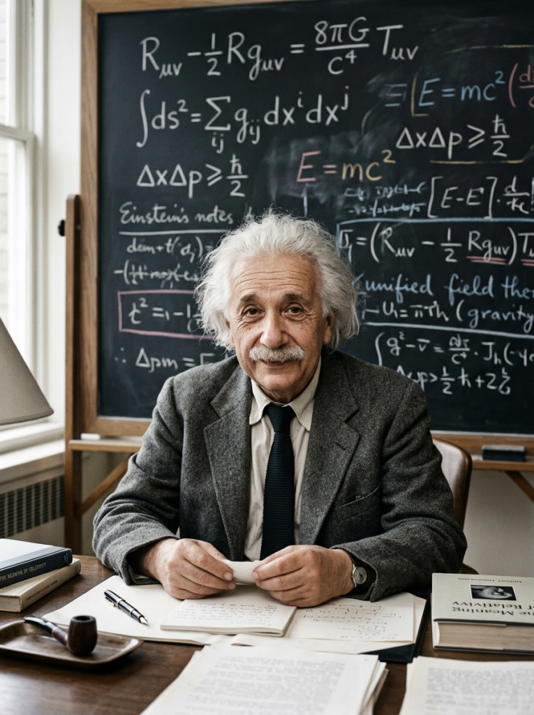 Elderly professor in suit with physics equations on chalkboard