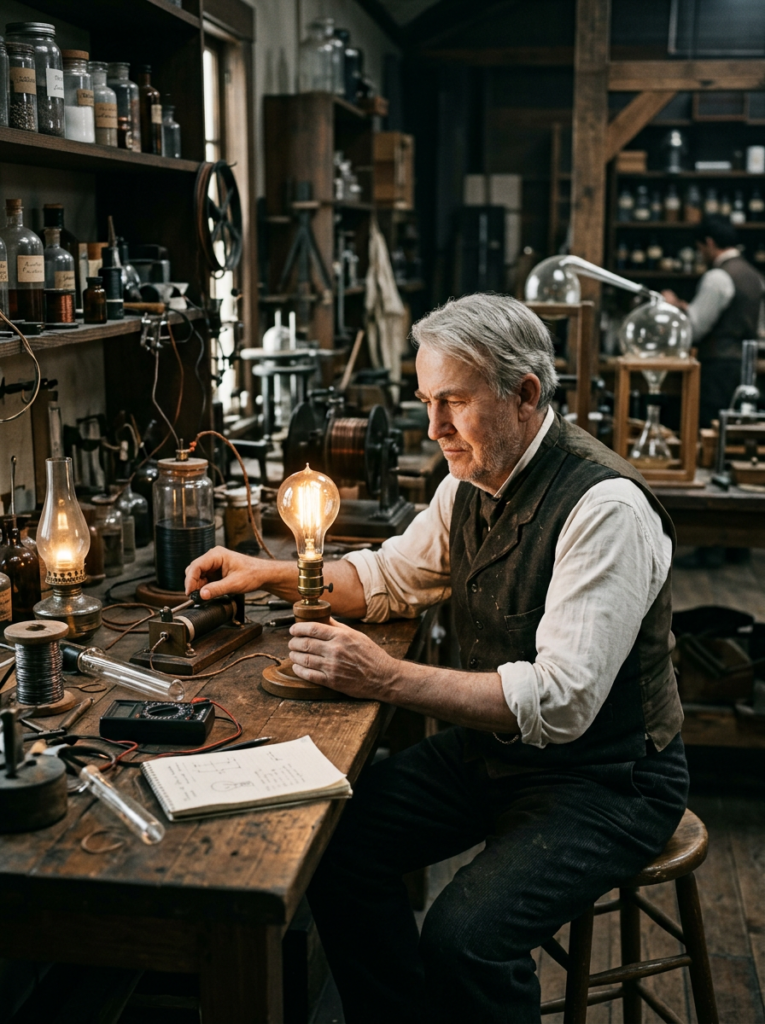 Thomas Edison in workshop with light bulb