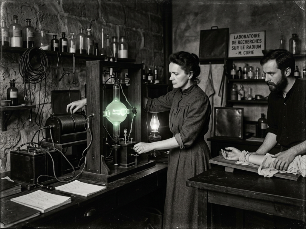 Marie Curie adjusting equipment on a radium experiment setup with a man holding a tied arm on a table nearby