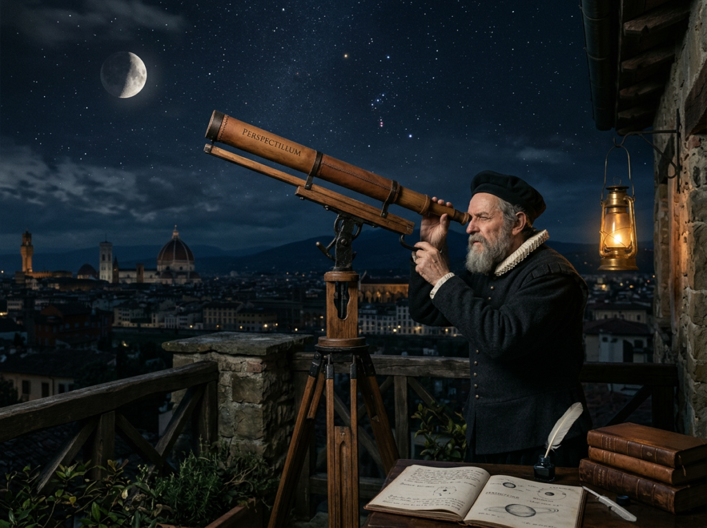 Astronomer looking through an antique telescope labeled 'PERSECTILLIUM' on a balcony overlooking a nighttime cityscape with the moon and stars visible