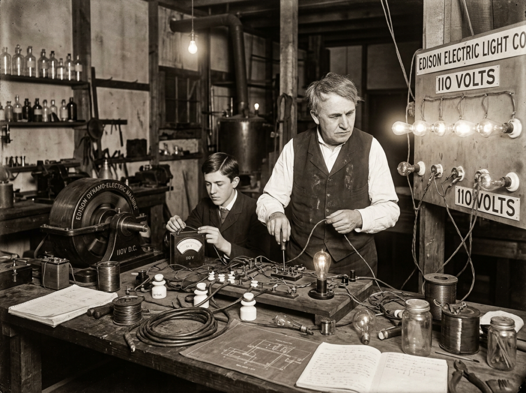 Thomas Edison and a young assistant testing electrical circuits with light bulbs and instruments in a laboratory.