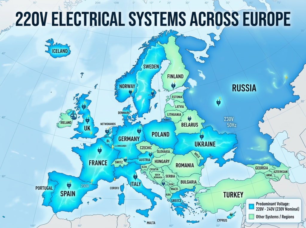 Map of Europe highlighting countries with 220V electrical systems and others with different voltages